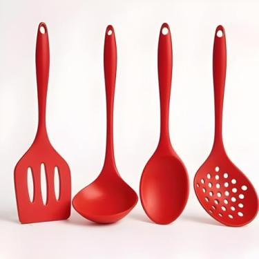 Imagem de Kit 4 Utensílios de Cozinha em Silicone Premium Colher, Espátula, Concha e Escumadeira Resistente ao Calor Antiderrapante Fácil de Limpar Não Risca FONSES (Vermelho)