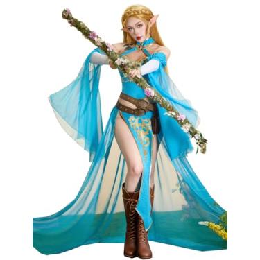 Imagem de Mobbunny Fantasia feminina de princesa cosplay, lingerie sexy, vestido de dança, top e saia com mangas e bolsa de cintura, Azul, G