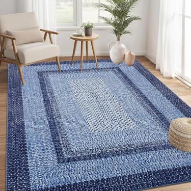 Imagem de RUGSREAL Boho Tapete de quarto 10 x 15 cm lavável à máquina, estampa trançada, tapete antiderrapante, tapete marroquino rústico para sala de estar, decoração de casa, azul marinho