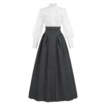 Imagem de LTAKK Feminino Vestido Vitoriano Para Traje Renascentista Eduardiano Medieval Vintage 1800S Vestidos 2 Peças, Preto, Médio