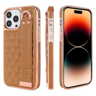 Imagem de IRTGFG Capa de couro bordada de luxo para iPhone 16 Pro com alça de pulso e suporte de anel (para iPhone 16 Pro/marrom)