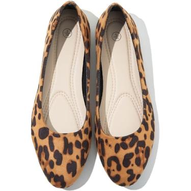 Imagem de Shupua Sapatilhas para mulheres, bico redondo, sapatilhas, elegantes, pretas, confortáveis, sapatos de bailarina para trabalho, Oncinha marrom, 34