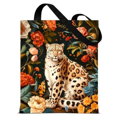 Imagem de QYCFDXD Sacola vintage de lona floral leopardo de neve para mulheres animal escuro botânico estética reutilizável bolsa de ombro para compras de supermercado, viagens, trabalho, praia