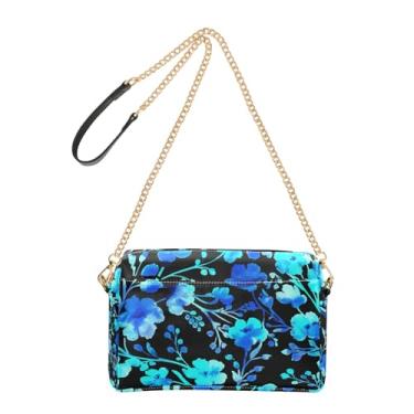 Imagem de Joitme Bolsa transversal feminina bolsa para celular bolsa de ombro de couro PU alça de corrente aquarela flores azuis folhas pretas