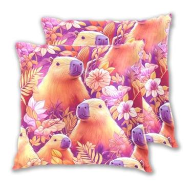 Imagem de Joitme Conjunto de 2 capas de almofadas florais de capivaras fofas de desenho animado para sofá, 40 x 40 cm, 2 peças