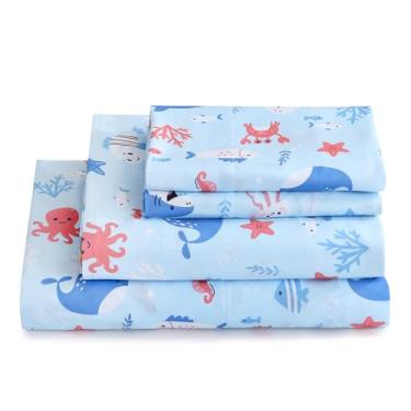 Imagem de ChicView Jogo de lençol solteiro infantil, 3 peças de lençóis de microfibra macia respirável para crianças, meninos, meninas, antiborboto, bolsos profundos, fácil de cuidar, animais do oceano