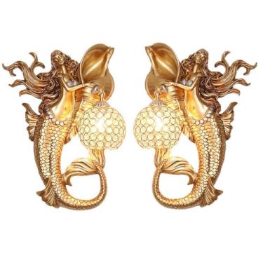 Imagem de Conjunto de dois apliques de parede dourados em formato de sereia, luminárias de parede modernas em cristal e resina, um luxuoso abajur de parede para sala de estar, quarto, corredor ou hall