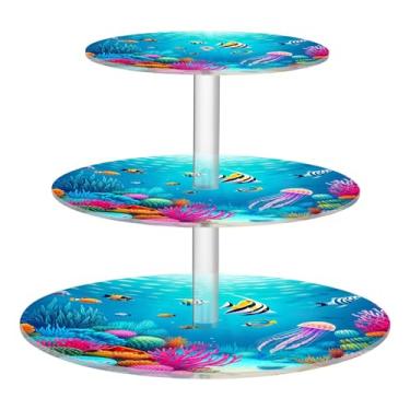 Imagem de Suporte de cupcake de 3 camadas para festa, copo subaquático colorido de recife de coral, torre de bolo, exibição de acrílico, decoração de mesa de aniversário, bandeja de servir comida, suprimentos
