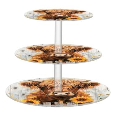 Imagem de Suporte rústico de vaca Highland com girassóis para festa de chá e cupcake com 3 níveis de acrílico para decoração de mesa, cupcakes, chá de bebê