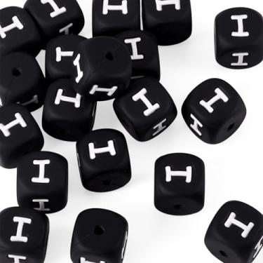 Imagem de 20 peças de contas focais de silicone de letra I para fazer chaveiros, cubo preto, contas de borracha para canetas, pulseira, joias, suprimentos para fazer joias, faça você mesmo, telefone, starp