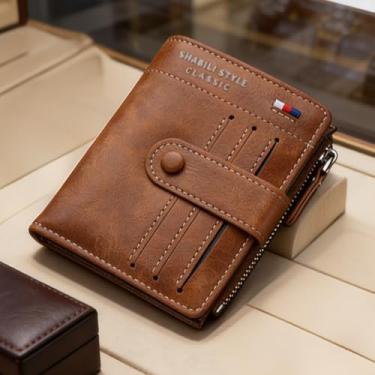 Imagem de Carteira masculina de couro curta com zíper, carteira casual cinza claro para o dia a dia (cinza-acinzentado)