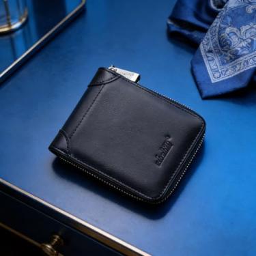 Imagem de Carteira masculina de couro legítimo de grão cruzado horizontal azul empresarial com sensação confortável, design horizontal azul comercial com fecho magnético, granulação cruzada, sensação de couro