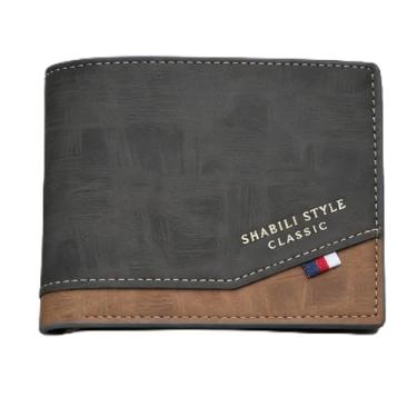 Imagem de Carteira masculina retrô preta compacta com estampa de microfibra em relevo, design compacto preto retrô com fivela, microfibra com padrão em relevo, capacidade para vários cartões