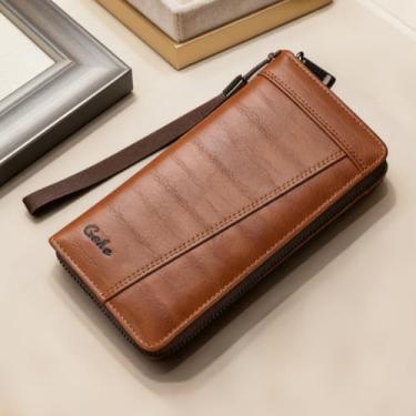 Imagem de Carteira masculina, carteira longa multifuncional de couro com zíper, grande capacidade e vários compartimentos para cartão de crédito, design seguro com janela para identidade (Camel)