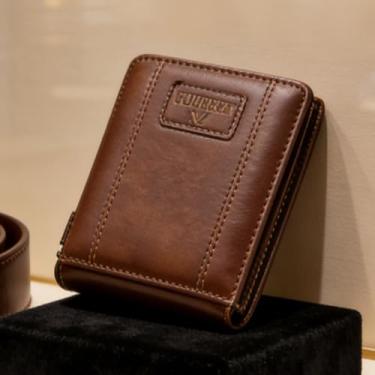 Imagem de Carteira masculina de couro curta com zíper, organizador casual tom terra (cáqui)