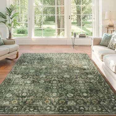 Imagem de ARKIIKI Tapetes para sala de estar, tapetes macios para área grande, verde lavável, tapetes vintage para quarto, casa, escritório, lavanderia, tapete antiderrapante de borracha, verde-oliva escuro