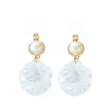 Imagem de Brincos de pressão em forma de concha para mulheres, clipes de orelha dourados transparentes verão praia mar