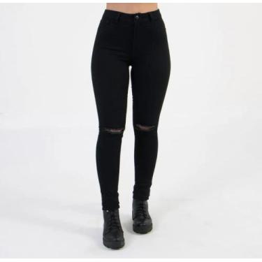 Imagem de Calça Jeans Skinny Preta Cintura Alta Detalhe Rasgado Joelhos Corte Do