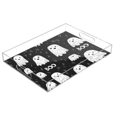 Imagem de xigua Bandeja de servir de acrílico fantasma de Halloween com alças à prova de derramamento, bandejas decorativas de festa de Halloween, bandeja organizadora de bancada para banheiro, cozinha, 30,5 x
