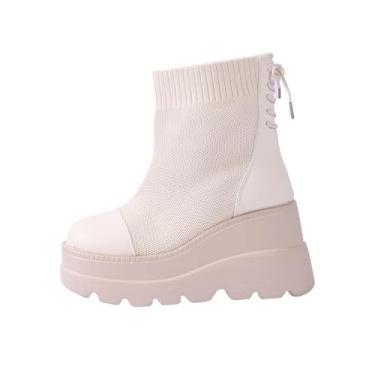 Imagem de Botas curtas modernas de perna elástica para mulheres inverno casual versátil bico redondo sólido cadarço traseiro fundo grosso salto cunha bota tornozelo, Branco, 35