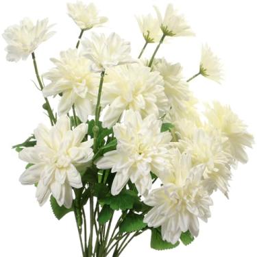 Imagem de Maysing 6 peças de flores artificiais de dália 42 cm, 3 cabeças, dálias falsas grandes com caules, marfim de aparência real para buquês de casamento, decoração de casa (branca)