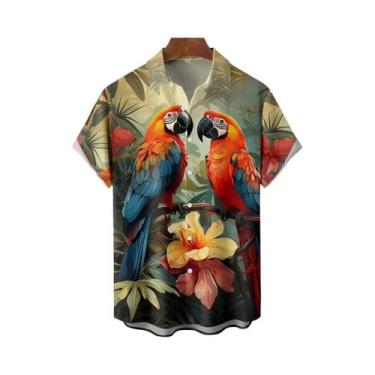 Imagem de Camisa Havaiana Masculina Com Estampa Floral Vibrante De Papagaio, Cas