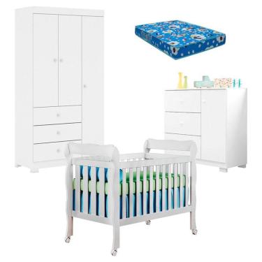 Imagem de Quarto De Bebê Duda 3 Portas E Berço Americano Lila Branco Brilho Com Colchão Ortobom