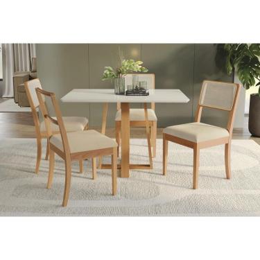 Imagem de Mesa Cozinha Elma Premium Madeira Maciça c/ Tampo Madeirado c/ Vidro 120x80cm e 4 Cadeiras Lola Carvalho/Off White - Boucle Bege-Kappesberg