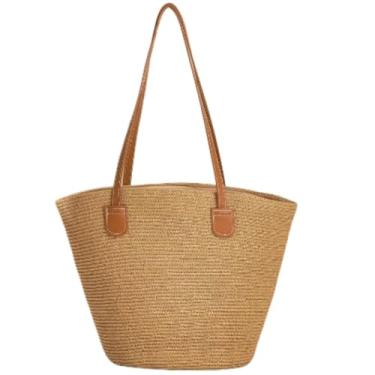 Imagem de CHENXIAOHONG Bolsa Feminina de Palha Grande | Bolsa Praia Feminina Estilo Verão | Bolsa Tote Feminina Casual para Dia a Dia e Viagem(Cor cáqui sólida)