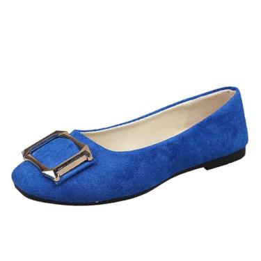 Imagem de Tênis feminino casual cor doce com fivela decorativa e bico quadrado tamanho grande para trabalho e dia a dia, Azul royal, 34