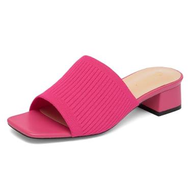 Imagem de NEWBELLA Sandálias femininas de malha com bico quadrado - salto grosso, sapatos de verão, chinelos casuais confortáveis para férias e praia, rosa, 40