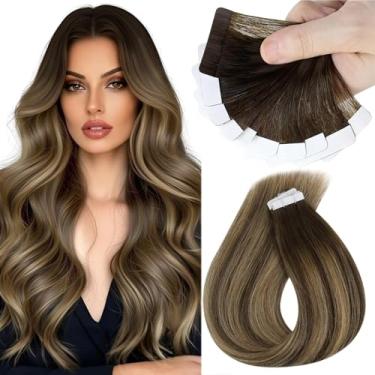 Imagem de Sunny Hair Extensões de cabelo humano real com fita adesiva invisível Remy extensões de cabelo para mulheres marrom escuro ombré caramelo loiro balayage 35,5 cm 25G