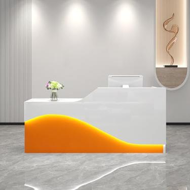 Imagem de Mesa de balcão de varejo com gaveta com trava, bandeja de teclado e luz - Recepção de recepção para salão, escritório e espaços de varejo (veias brancas, 140 x 49,8 x 99,8 cm)