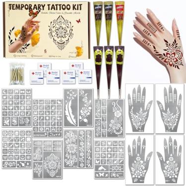 Imagem de Kit de estênceis de tatuagens temporárias de 136 peças, kit de tatuagens temporárias - 6 peças de cones de tatuagem de 3 cores (marrom preto vermelho) tinta, pintura de arte corporal faça você mesmo