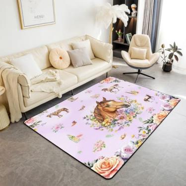 Imagem de Erosebridal Tapete roxo do oeste, cavalo, vaqueira, cowboy, sala de estar, para crianças, adolescentes, adultos, animais de fazenda, floral, tapete decorativo, 5 x 7 cm, rústico, casa de fazenda