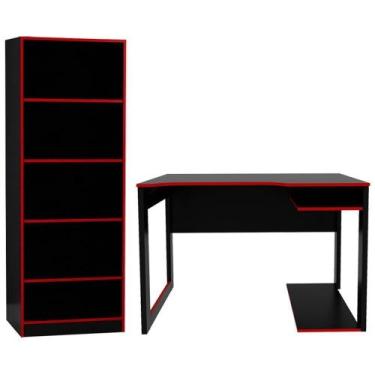 Imagem de Conjunto Mesa Armario Gamer Me4141 Me4161 Preto Vermelho - TECNO MOBIL