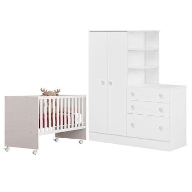 Imagem de Berço Nacional 3540 E Guarda Roupa Com Cômoda 4070 Doce Sonho Branco Brilho – Qmovi