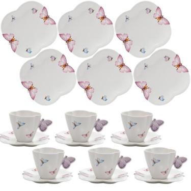 Imagem de Kit xicaras cha porcelana c/pires e pratos sobremesa borboletas - GENE