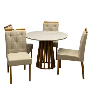 Imagem de Mesa de Jantar Berlim 100cm Redonda com Vidro e 4 Cadeiras Jasmim em Linho Estofadas Cel Móveis Cor Cinamomo Off White com Tecido Bege