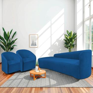 Imagem de Kit Sofá Curvo França 220cm L.e E 2 Poltronas Luiza Max Conforto, Elegância E Design Moderno Linho Azul Royal