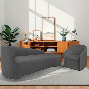 Imagem de Kit Sofá Curvo França 250cm Ld. E Poltrona Luiza Max Conforto, Elegância E Design Moderno Linho Cinza Escuro