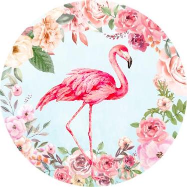 Imagem de Painel de Tecido Sublimado Redondo Flamingo Rosa Fundo Flores C/ Elást