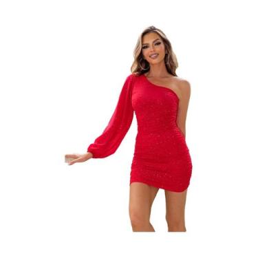 Imagem de Vestido Feminino De Um Ombro Só, Manga Comprida, Sexy, Preto, Saia Cur