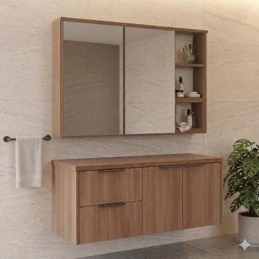 Imagem de Conjunto para Banheiro com 1 Gabinete Suspenso e 1 Espelheira com Nichos 100cm Village Noce