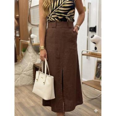 Imagem de Saia Feminina Midi Alfaiataria com Fenda e Bolsos Elegante Casual - No