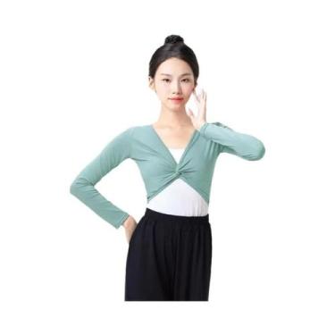 Imagem de Camisa De Dança De Manga Longa Para Mulheres, Top Cropped De Algodão, 