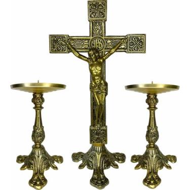 Imagem de Conjunto Cruz Metal C/ Cristo E Castiçal Candelabro 21x12cm - Paludo A