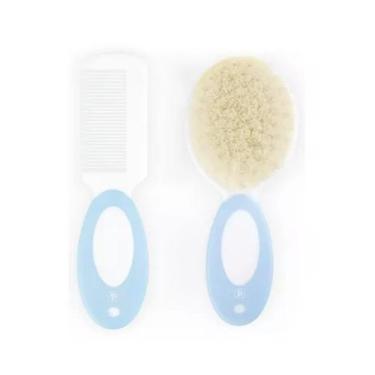 Imagem de Kit Escova E Pente De Cabelo Para Bebê Cerdas Naturais Pimpolho, Azul
