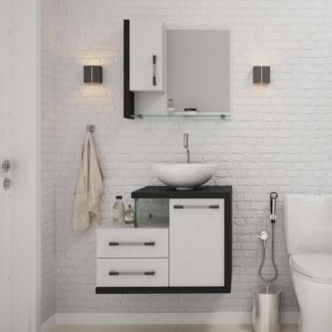 Imagem de Conjunto de Gabinete de Banheiro com Cuba R35 e Espelheira Wood 2 PT 2 GV Branco e Preto