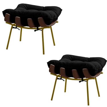 Imagem de Kit 2 Puffs Decorativos Sala de Estar Abel Base de Madeira Dourada Veludo Preto - Gran Belo